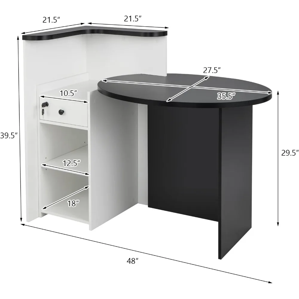Reception Desk, Small Retail Checkout Counter with Lockable Drawer and Open Shelves, Wooden Computer Workstation for Home Office
