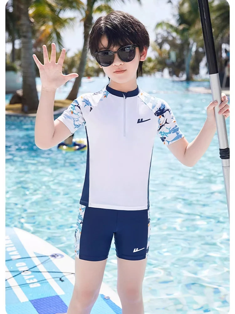 boys swimming suit kids swimwear 2 pieces swimsuit short sleeve beachwear summer bathing suit teens boxer bottom fast dry