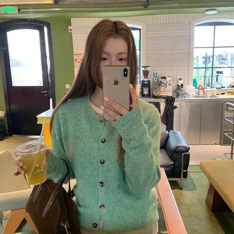 Women Korean Style Round Neck Fuzzy Knit Cardigan Early Autumn Lazy Vibe Tweed Style Loose Knit Outer Top