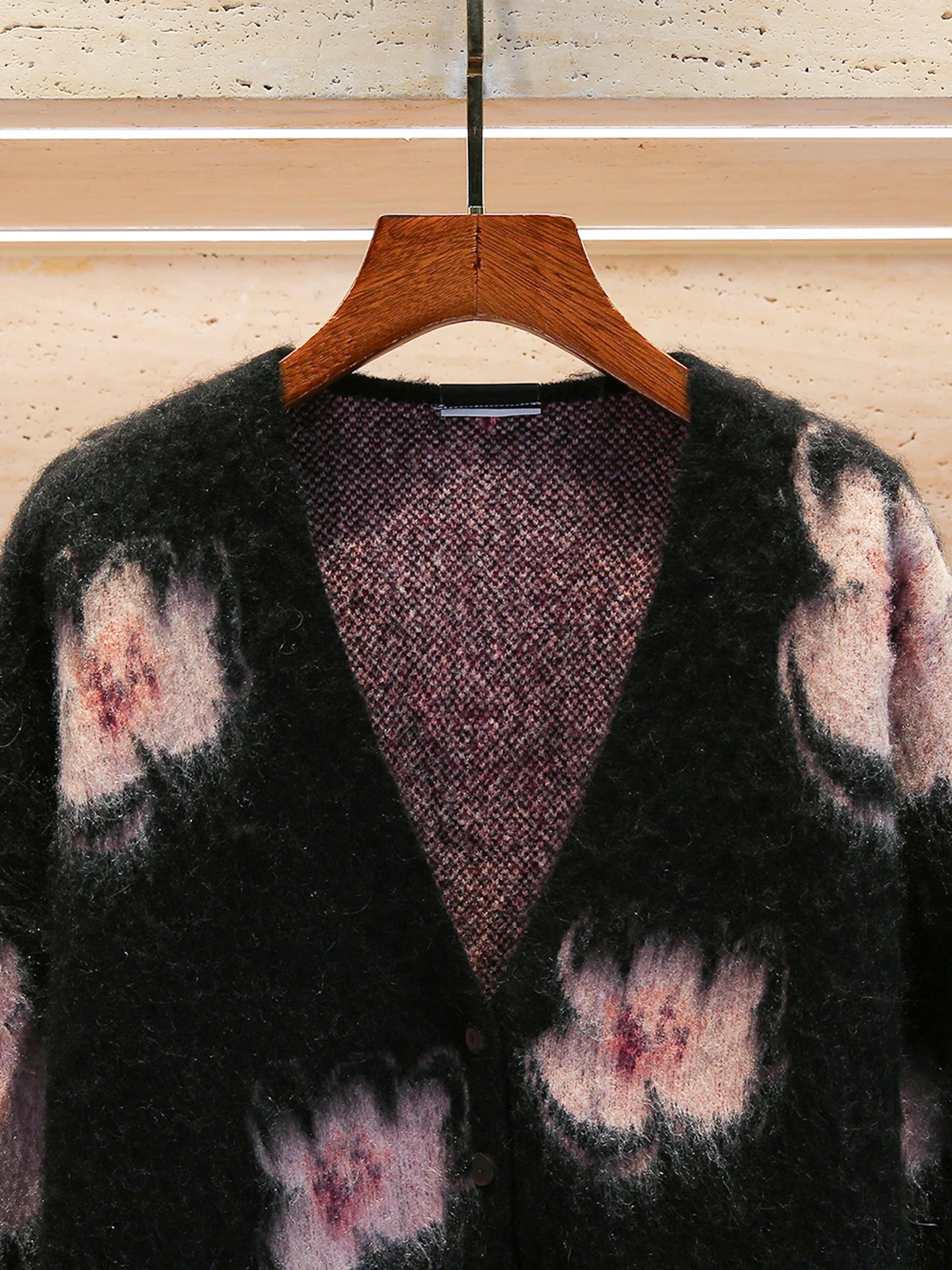 Cardigan Aberto de Tricô com Decote em V Pintado à Mão com Estampa de Flor de Pêssego Estilo E e Simples Manga Longa S...