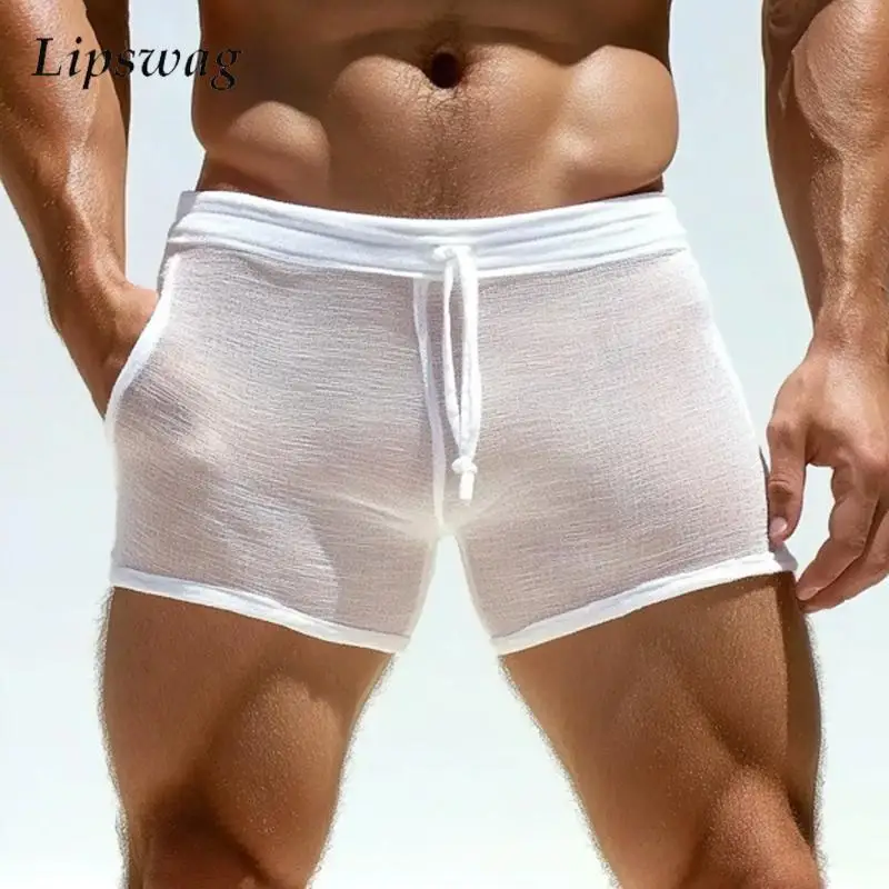 Seaside Beach Sexy Transparent Shorts Mens Slim Fit Drawstring Lace-up Shorts Summer Outdoor Casual Breathable Pure Color Shorts