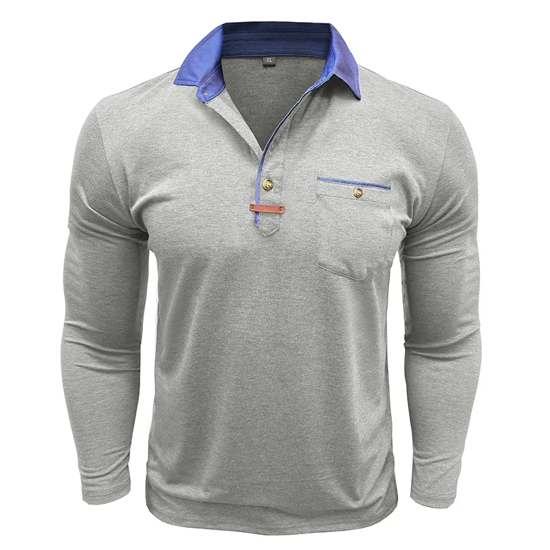 Langarm-Poloshirt für Herren, lässig, schmale Passform, Henley-Kragen, T-Shirt mit Tasche, Smart Blend Tops – Detail 30