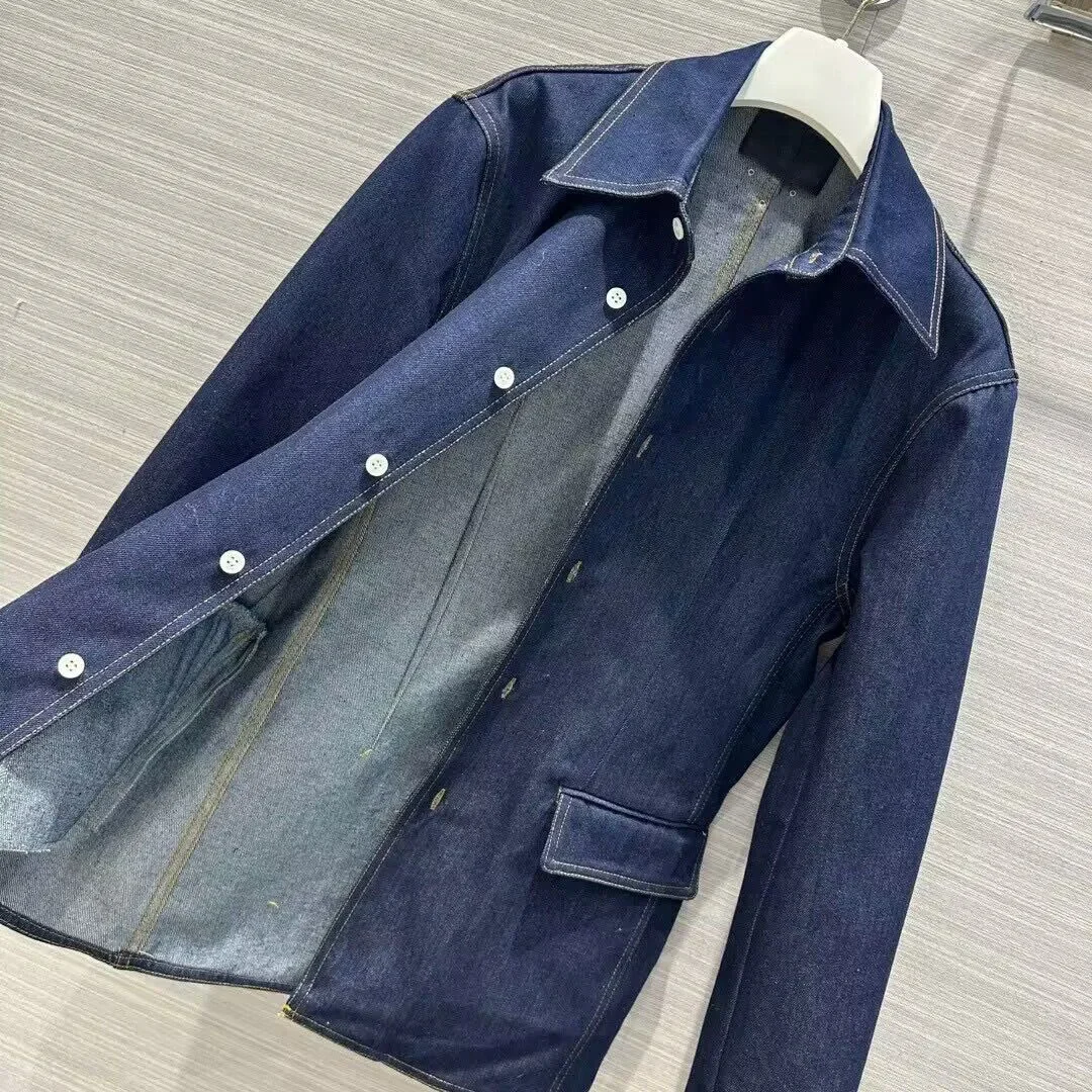 Fashion Design Blue Denim Jacket Women Turn-down Collar Long Sleeve Pockets Single Breasted Streetwear Loose Coat