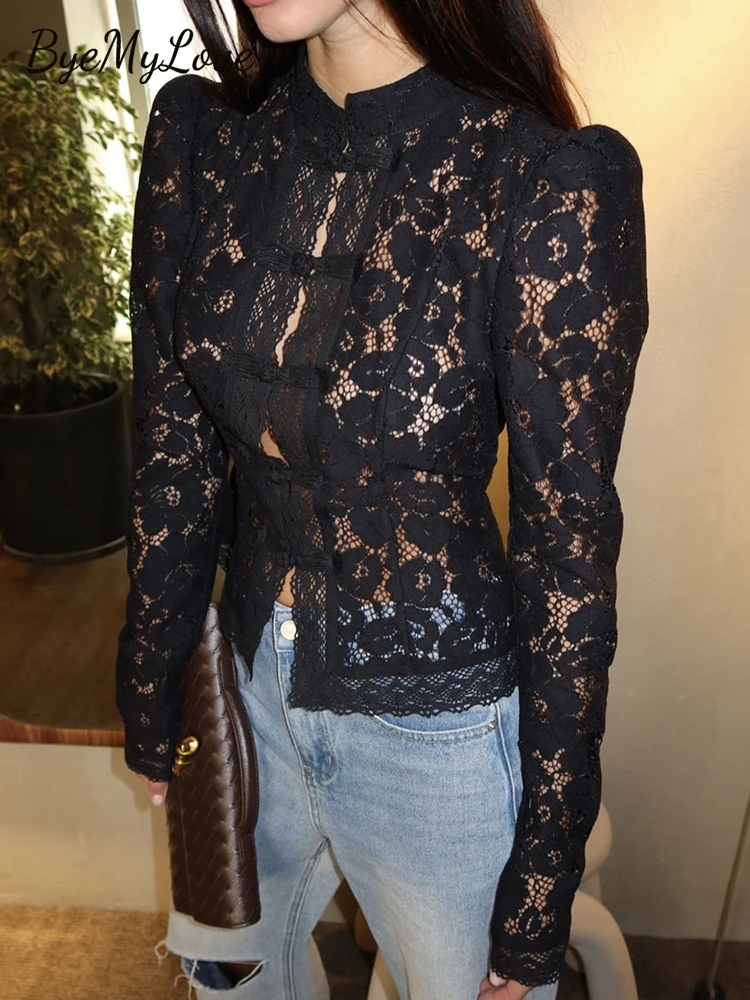 

ByeMyLove Sheer Lace Blouse Button Down Elegant Shirt Stand Collar Long Sleeve Lace Top Women's Office & Casual Chic
