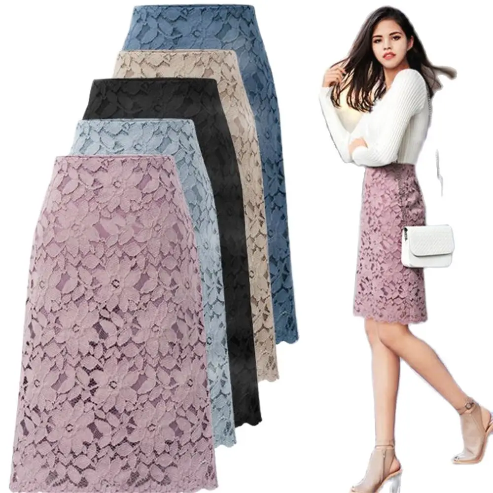 Women Warm Skirts Knee-length High Waist 2024 falda jupe Women A-line Skirt Lace Elegant OL Skirts Womens Pencil Velvet 6XL