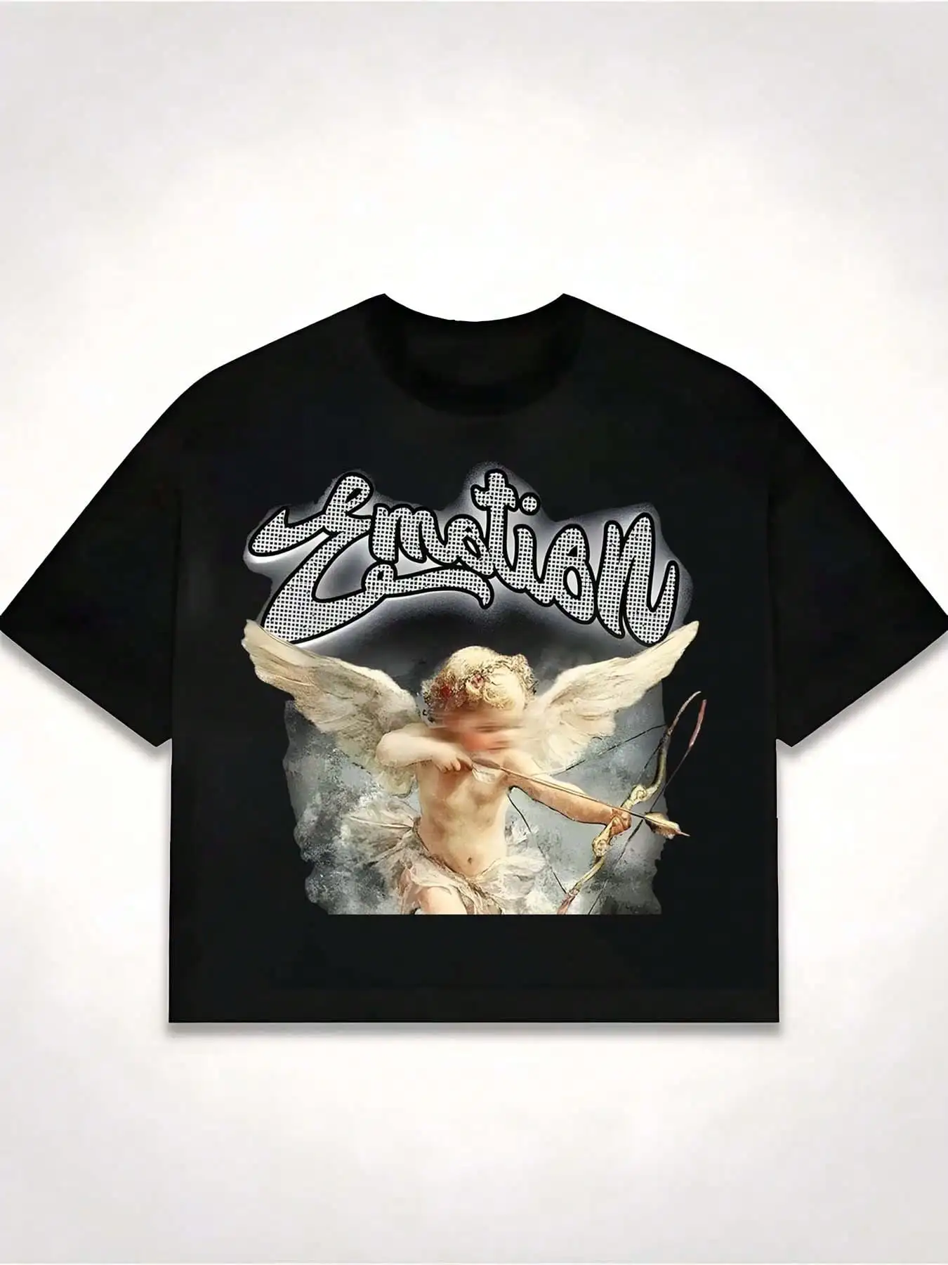 

Черная хлопковая футболка оверсайз с графическим принтом ангела и стилизованным текстовым дизайном