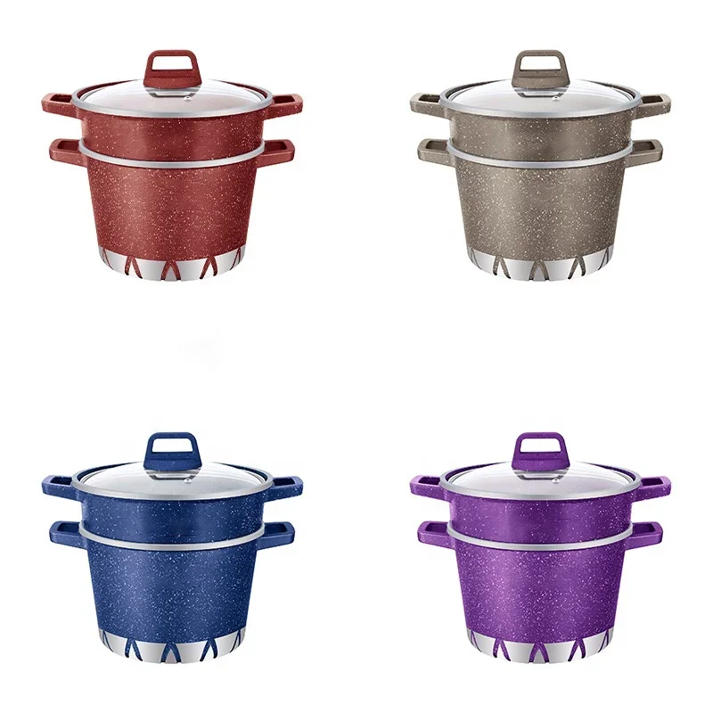 Aluminium steam pot food steamer soup & stock pots  pot die-casting with steamer basket non-stick marble wheat stone coating