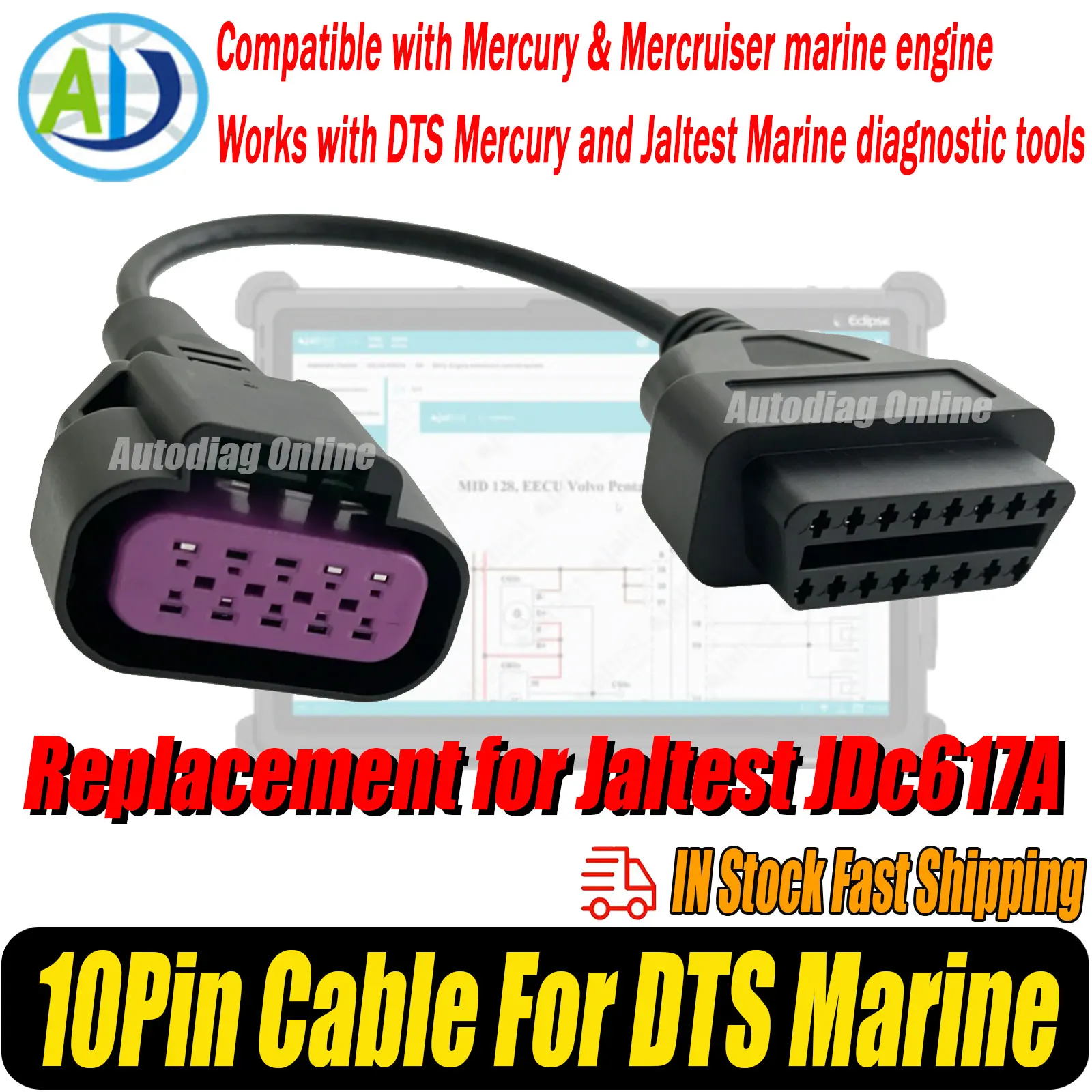 Cabo de Diagnóstico de 10 Pinos Substituto do Jaltest JDC617A para Scanner de Diagnóstico Marinho Mercury Mercruiser/DTS Marine, Cabo Adaptador OBD2