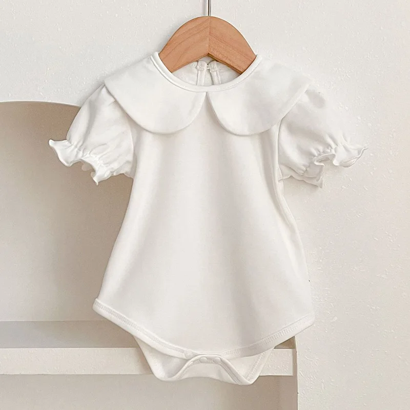 Summer Newborn Kids Baby Girls Doll Collar Solid Color Rompers Infant Baby Girls Short Sleeve Rompers Clothes