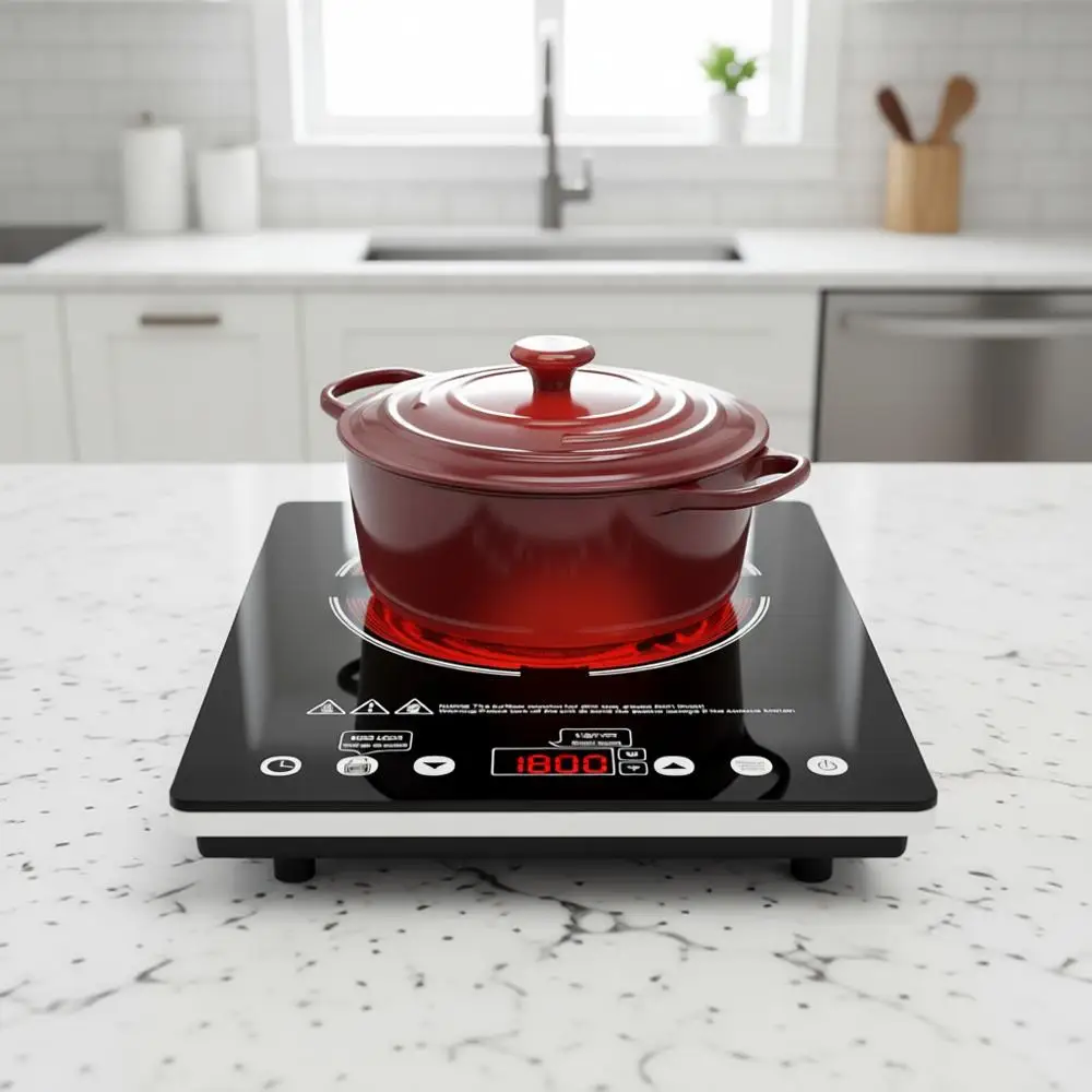 

Электрическая варочная панель 1800 Вт, 110 В с сенсорным управлением, 9 уровнями мощности, защитой от детей, таймером для дома или кемпинга