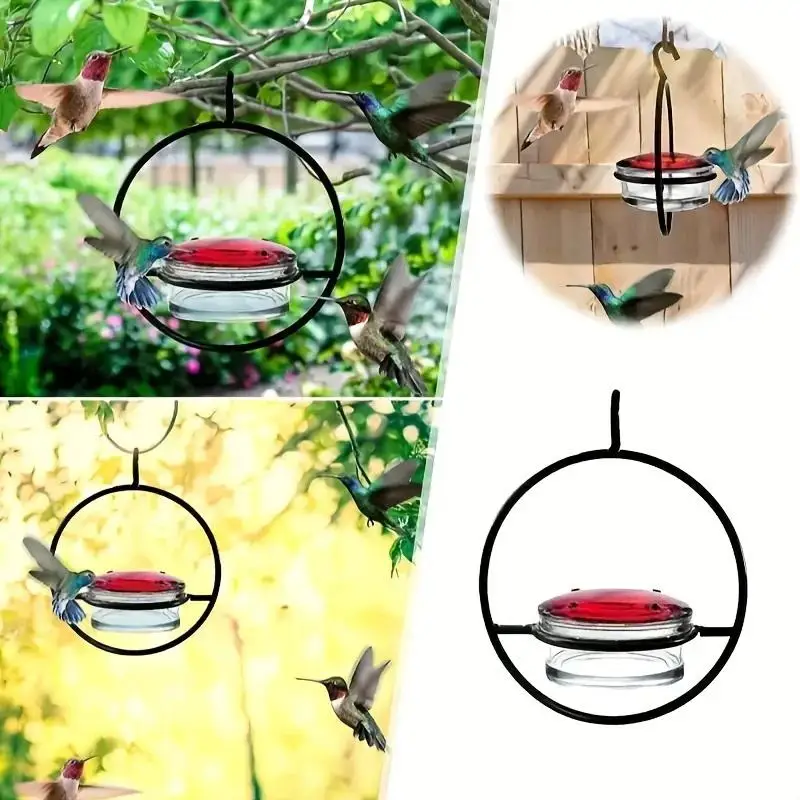 Transparent Hanging Hummingbird Feeder Durable Metal Red Glass Bottle Outdoor Balcony Yard Decoration Feeder 1pcs