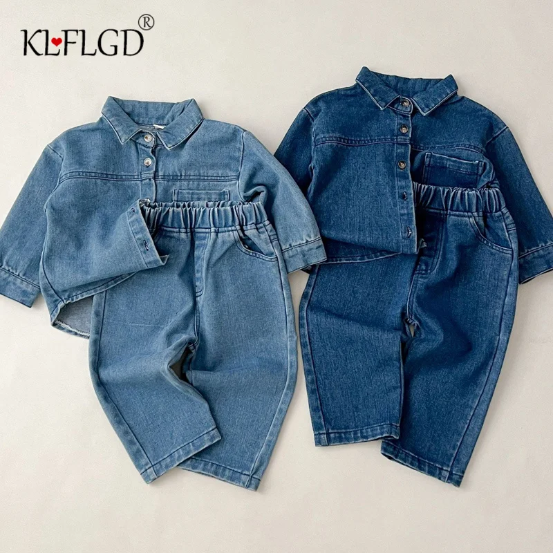 Korean childrens clothing for toddlers 2024 spring new baby denim top and bottom casual cartoon childrens set 0-5-year-old baby