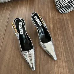 Sexy Silver High Heel Shoes for Women 2024 New Leather Summer Pumps Woman Thin Heels Slingback Shoe Pointed Pumps Traf