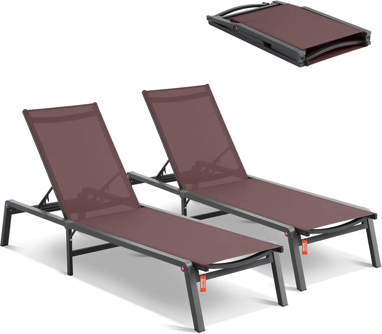 2 Pcs Chaise Lounge Chairs Outdoor Aluminum Patio Lounge Chairs Adjustable 5-Position Folding Pool Lounge Chairs Recliner Brown