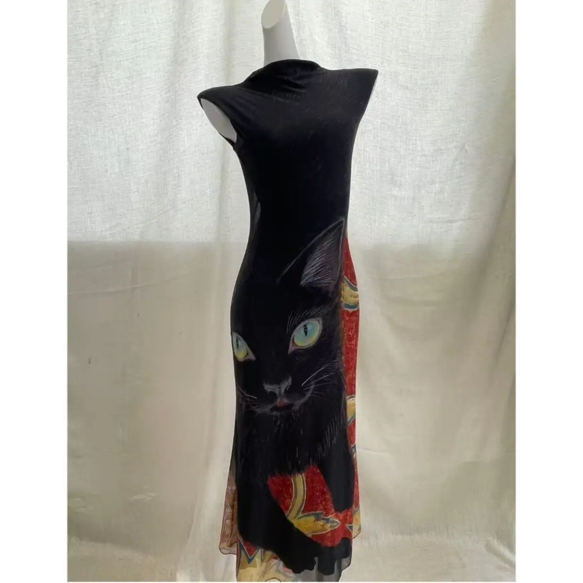 Millennium Y2K Style Black  Print Dress Chinese New Style Mesh Retro Stand Collar Sleeveless Sexy Fish Tail Skirt Dress