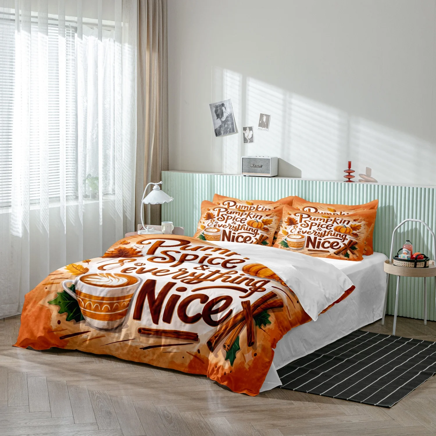 3 Pieces Fall Pumpkin Spice Print Duvet Cover Set, Autumn Harvest Latte Maple Leaf Cinnamon Stick Letter Printed Bedding