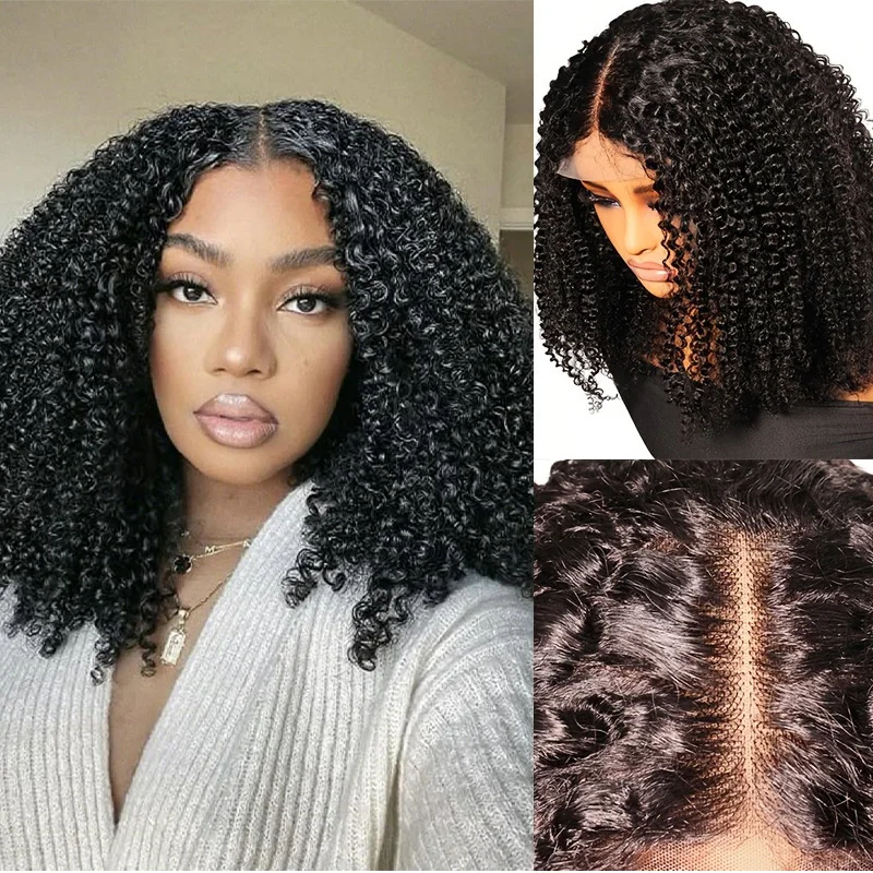 

Afro Kinky Curly 4x4x1 T-Part Transparent Lace Closure Bob Wig 100% Human Hair,Comfortable Wear Lace Wig Natural Look For Women