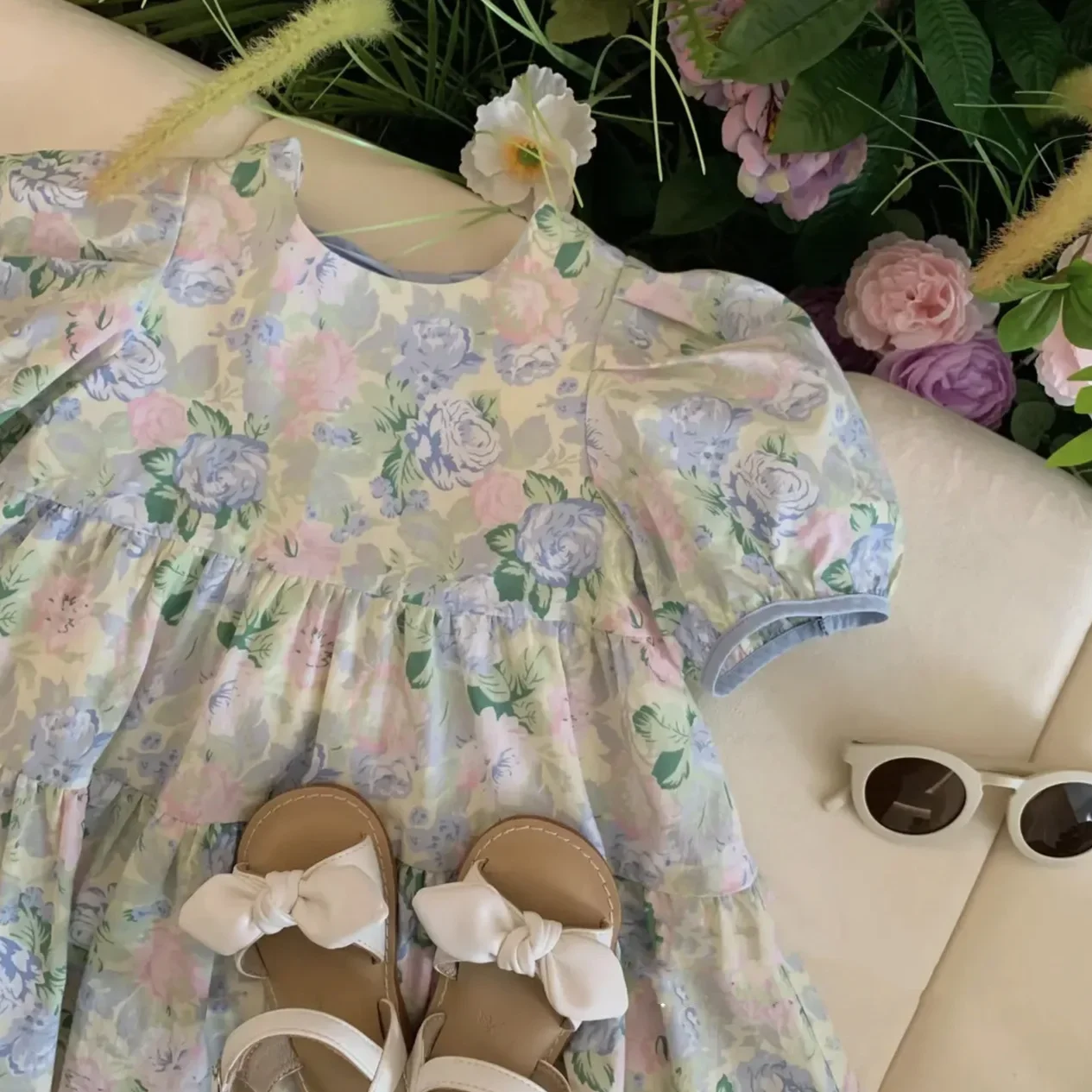 Summer New Mother Daughter Dresses Floral Princess Puff Sleeve Dress Cotton O-neck Cute Soft Elegance Family Matching Outfits