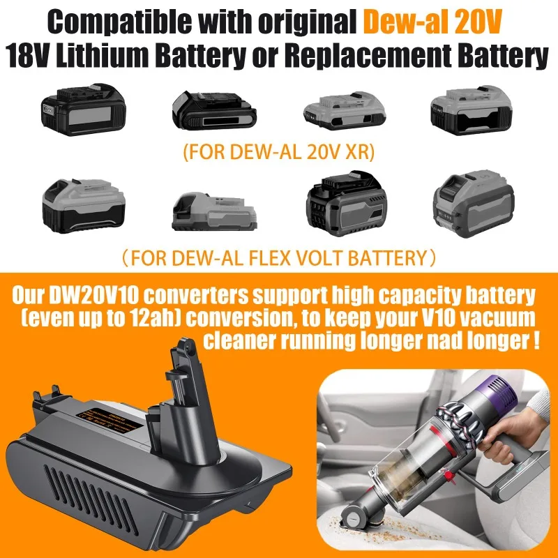 Compatible avec l'adaptateur de batterie Dyson série V10 DW20V10 pour les Batteries Dewalt 20V se convertit en aspirateurs Dyson V10