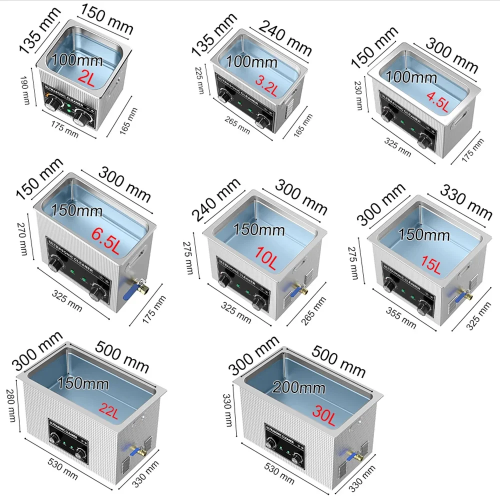 

Ultrasonic Bath 60W-900W 0.8L 2L 3L 4L 6L 10L 15L 22L 30L Heater Timer Stainless Steel Basket Ultra Cleaner Cleaning Machine