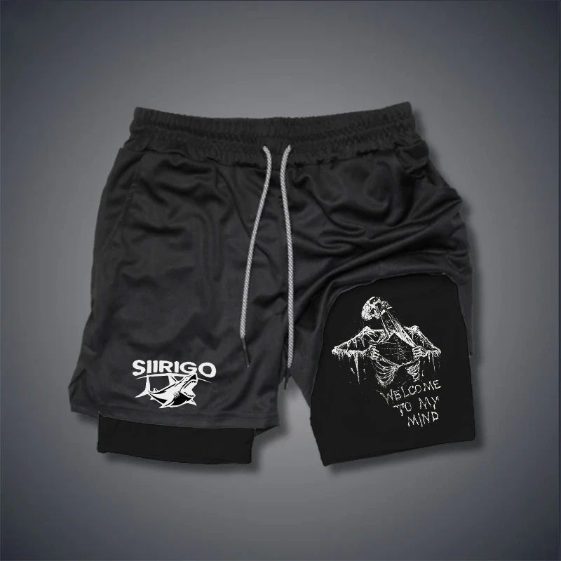 2024 Skull Frame Pattern Printed Shorts, Sporty and Fashionable, Quick Drying and Breathable 2-in-1 Men's Double Layer Shorts