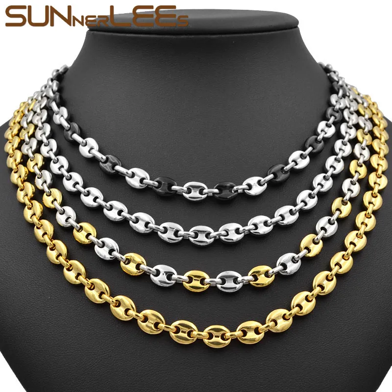 SUNNERLEES 316L Stainless Steel Necklace 5~11mm Coffee Beans Link Chain Gold Black Silver Color Men Women Jewelry Gift SC13