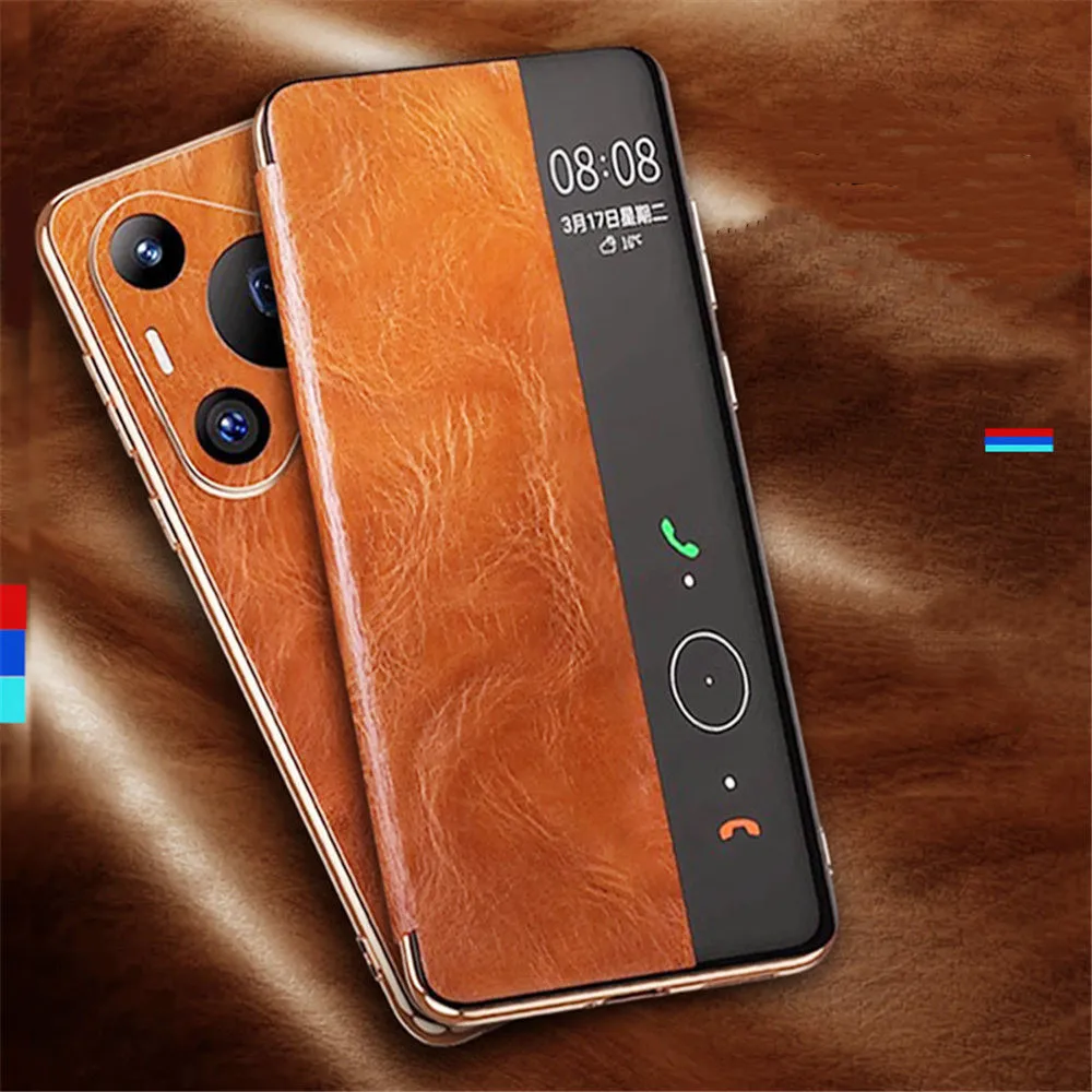 

Genuine Cowhide Leather Magnetic Flip Case for Huawei Pura 70 Pro 70 Ultra 70 Window View Cover