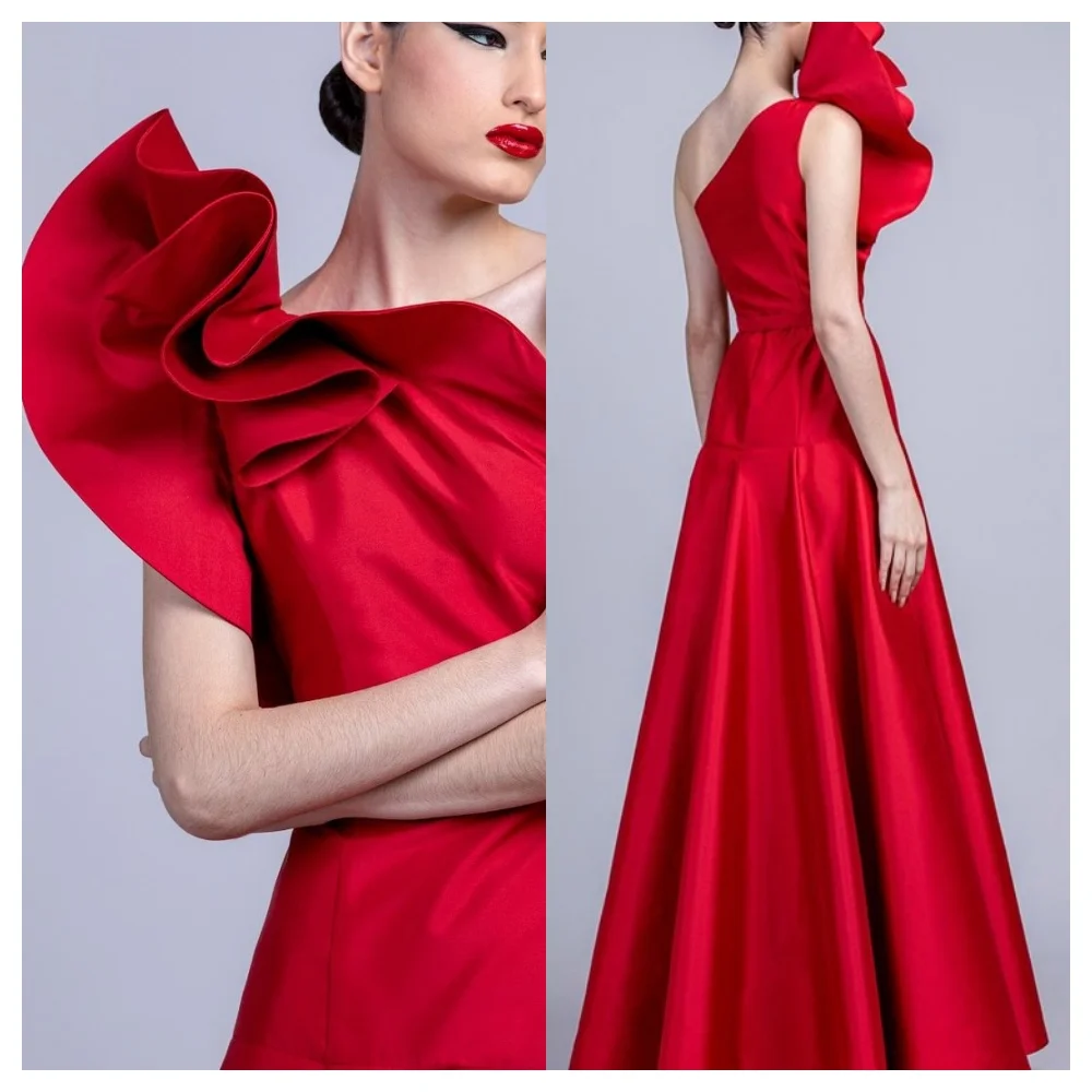 customizedCustomized Exquisite Red Satin Evening Dress Temperament One Shoulder Sleeveless Party Dress Fashion Floor Length Cele