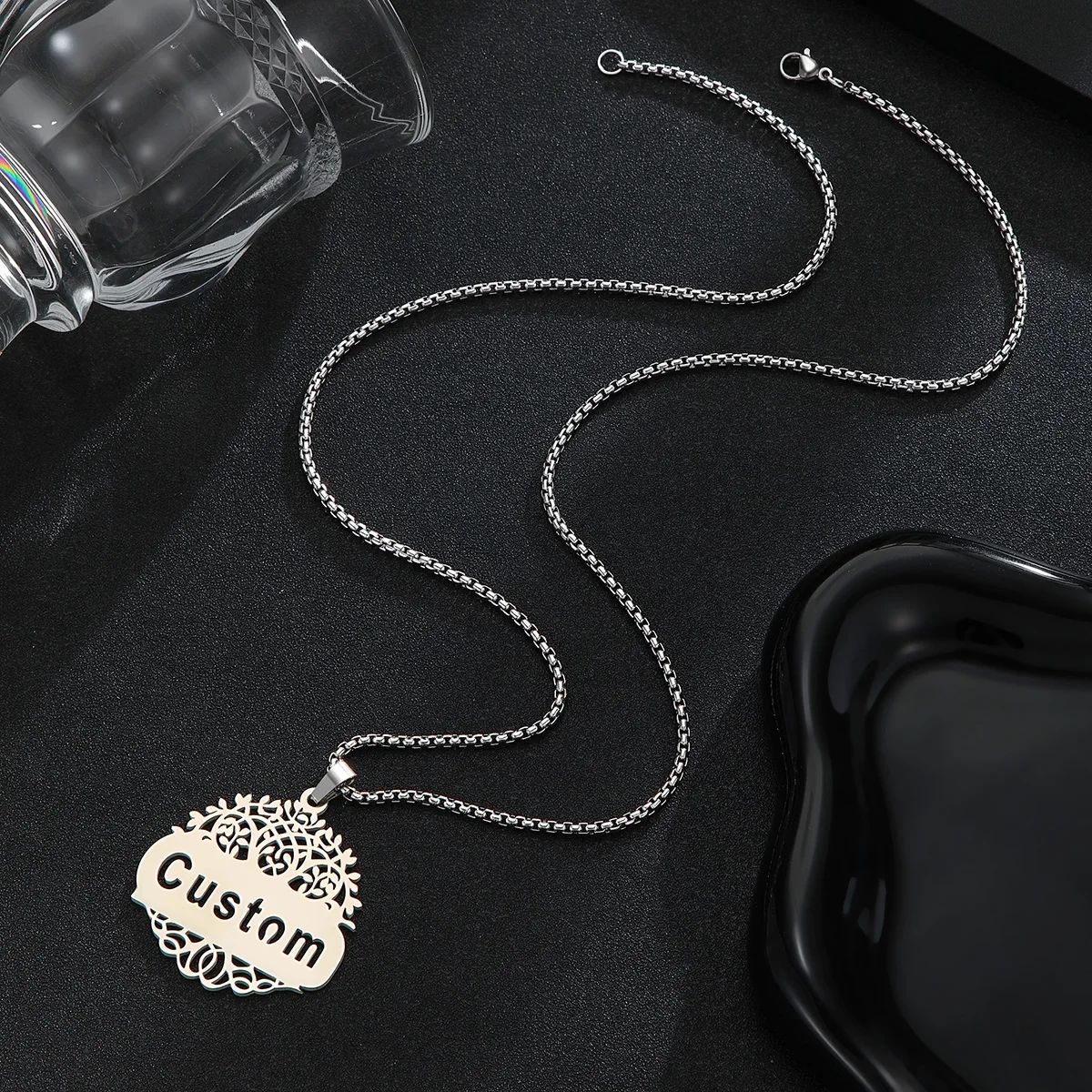 QIAMNI Stainless Steel Customized Tree Flower Nameplate Pendant Necklace for Women Men Birthday Jewelry Gifts Custom Name Choker