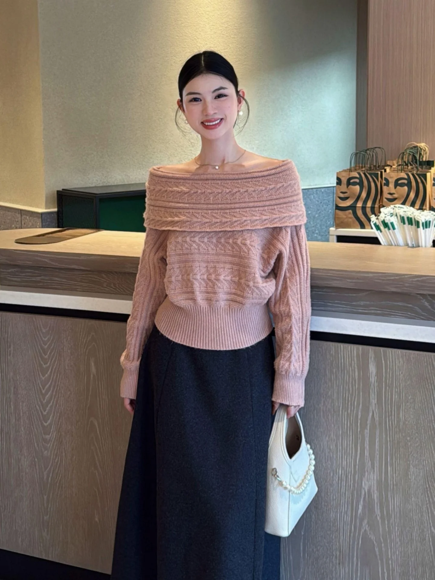

Trendy Knitted Sweater One-oulder Design Long Sve Comfortable Korean Sle Women's Faionable Top Casual Wear