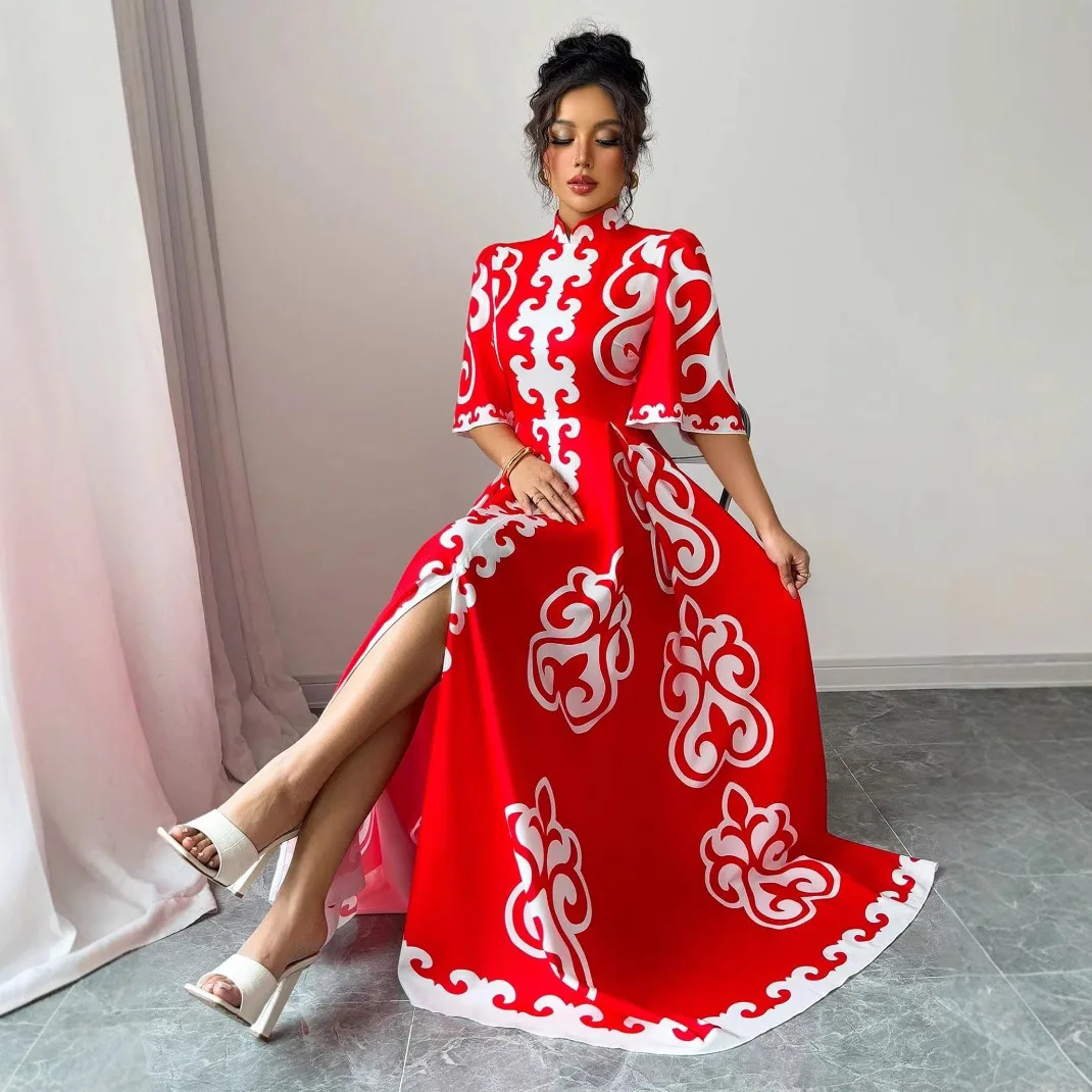 Woman Clothes Red Cheongsam Collar Loose Fit Floral Dress Ethnic Style Dress African Dress Elegant Long Dress