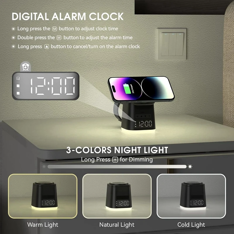 Multi-Function Charging Dock With Alarm Clock, Night Light, And Wireless Charger For Phone And Watch Stand Black