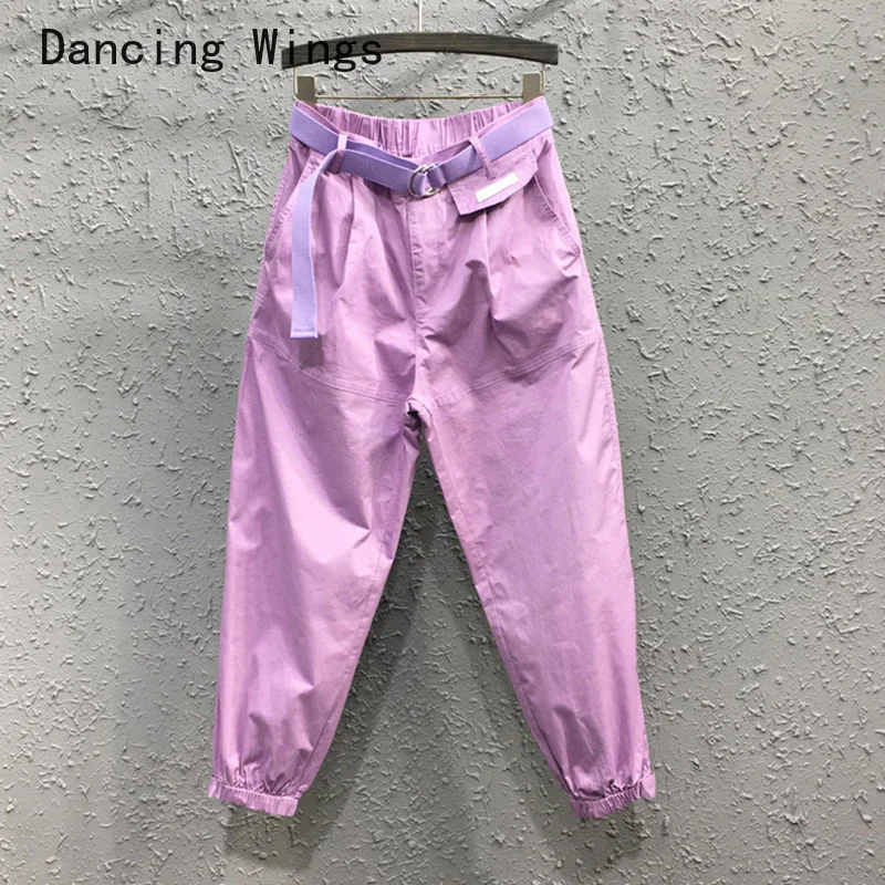 New Summer Women's Harem Pants 2024 Elastic Waist Cotton Casual Denim Pants Solid Loose Yellow Jeans Trousers Female