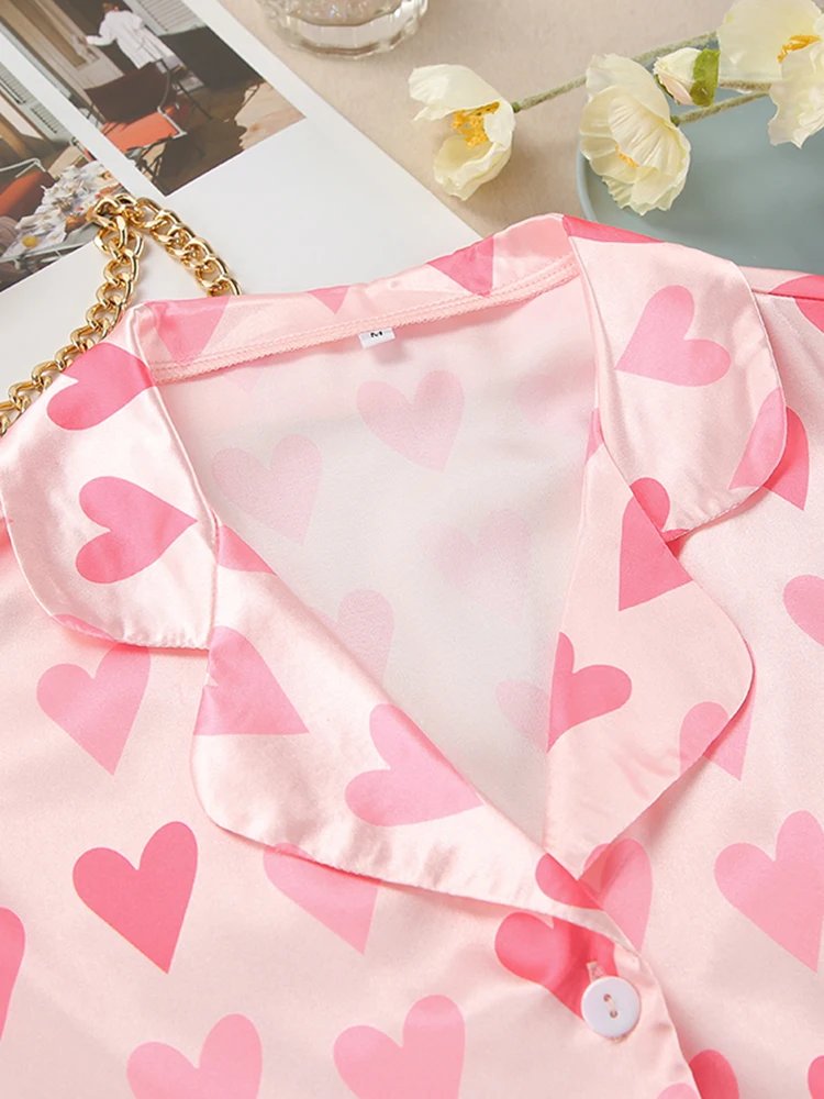 HiLoc Elegant Pink Satin Heart Print Pants Sets For Women Pajamas 2 Pieces Summer Pockets Loose Shirts Sleepwears Straight Pants