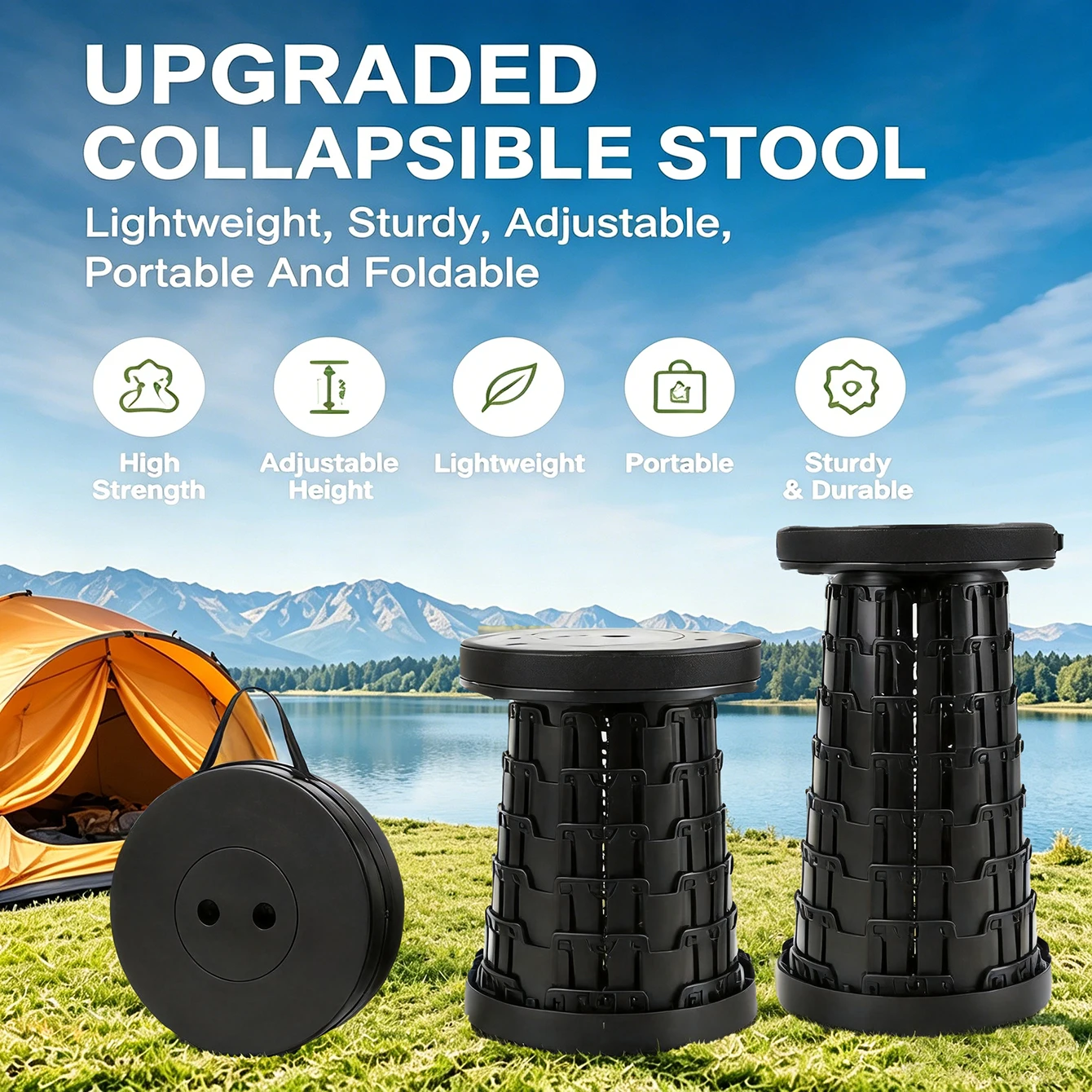 

Upgraded Collapsible Stool Chair, Folding Stool, Lightweight, Sturdy, Adjustable, Portable, Foldable Seat Stools for Outdoor