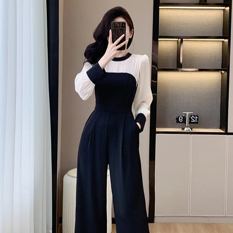 Chic Korean Black Patchwork Jumpsuit Women Spring Summer High Waist Office Lady Jumpsuits Combinaison Femme Elegant Overalls