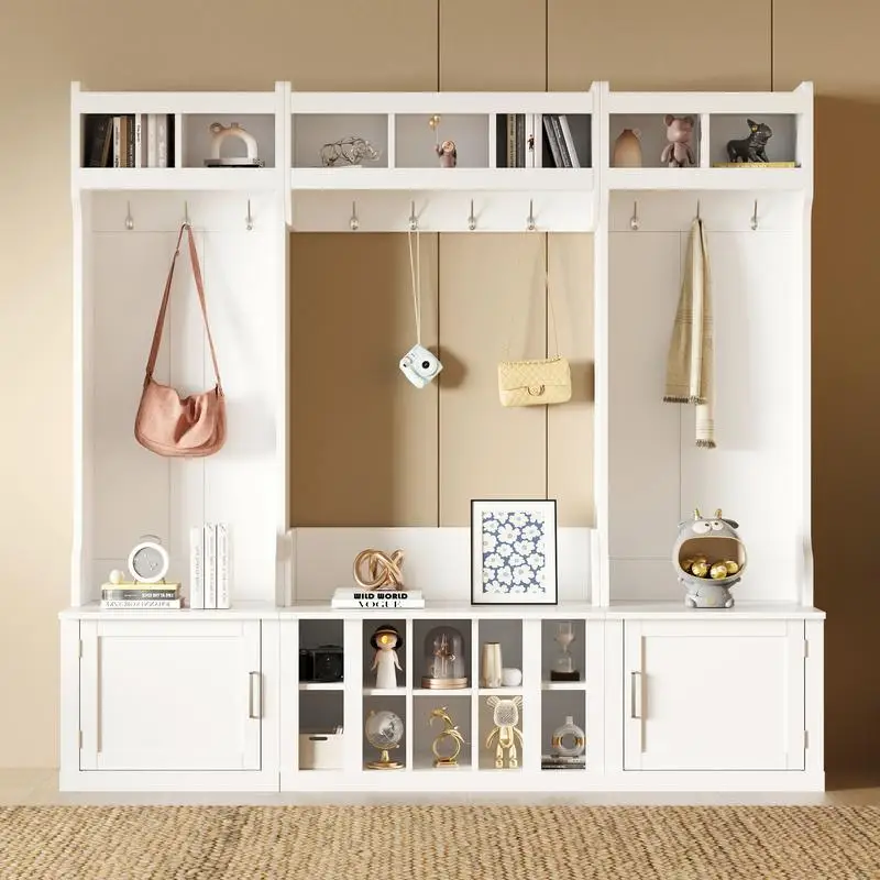 شجرة قاعة بتصميم واسع مع مساحة تخزين ومقعد، مقعد مدخل متعدد الوظائف 4 في 1 مع رف معطف ومكعبات أحذية، عملي #2