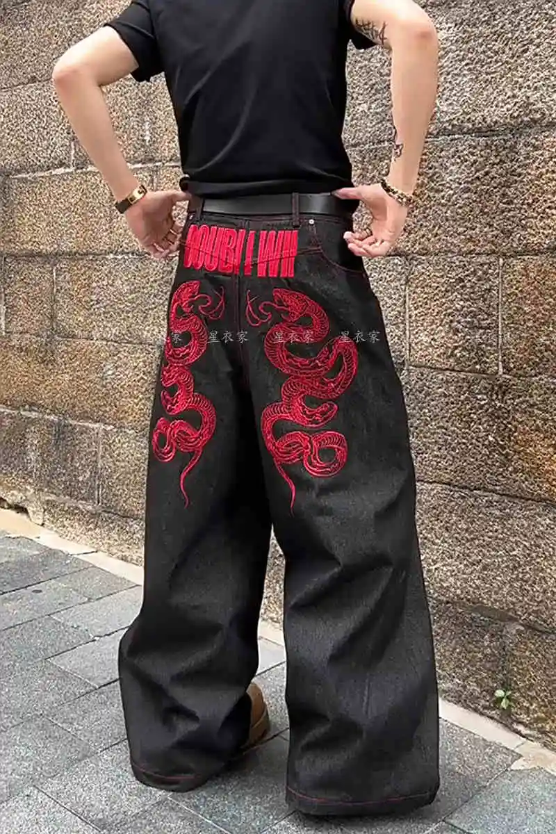 

American Vibe Retro Original Blue Denim Straight Leg Loose Wide Leg Floor-Length Women Jeans Deep Black Blue Youth Fashion