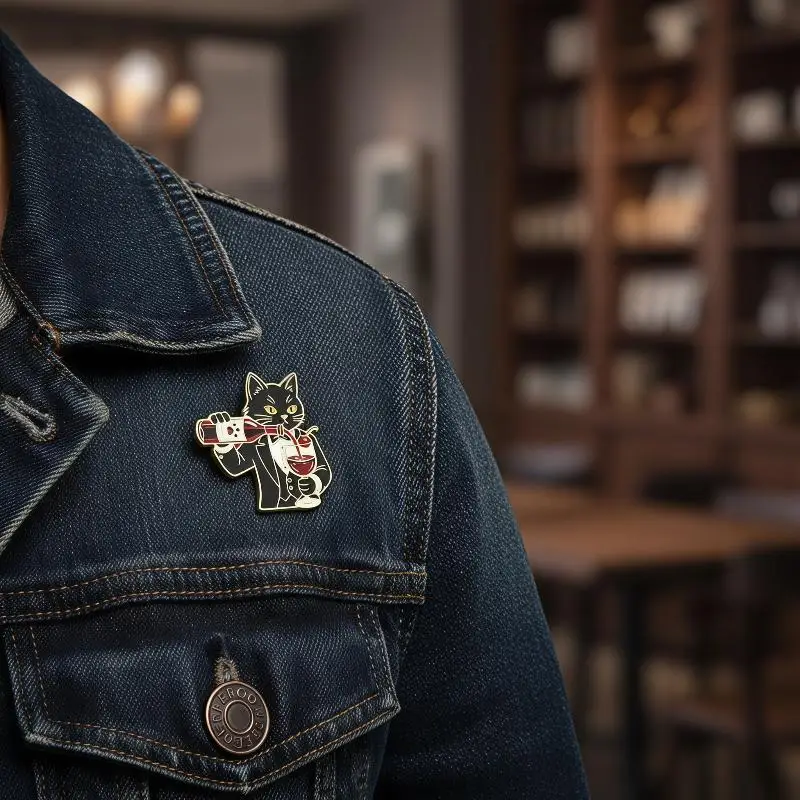 Funny Gentleman Cat Enamel Pins Wine & Cheese Themed Cute Animal Brooches Lapel Badges Backpack Jewelry Gifts