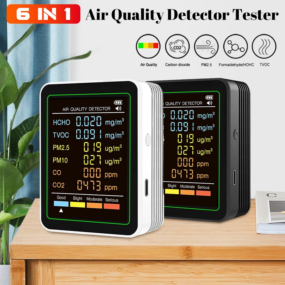 Tester della qualità dell'aria 6 in 1 Rilevatore HCHO in tempo reale Misuratore di umidità della temperatura Rilevatore di formaldeide TVOC PM2.5 PM10 CO2 CO