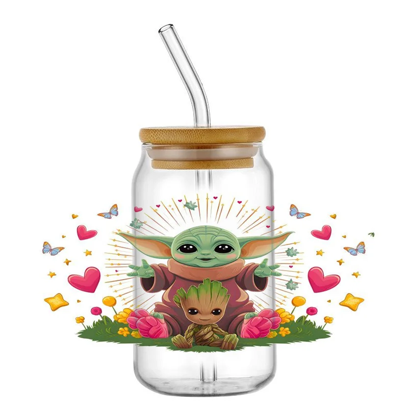 Miniso Cartoon Yoda UV DTF Transfer Sticker Ruimte Oorlog Voor De 16 oz Libbey Bril Wraps Flessen Cup Sticker DIY waterdicht