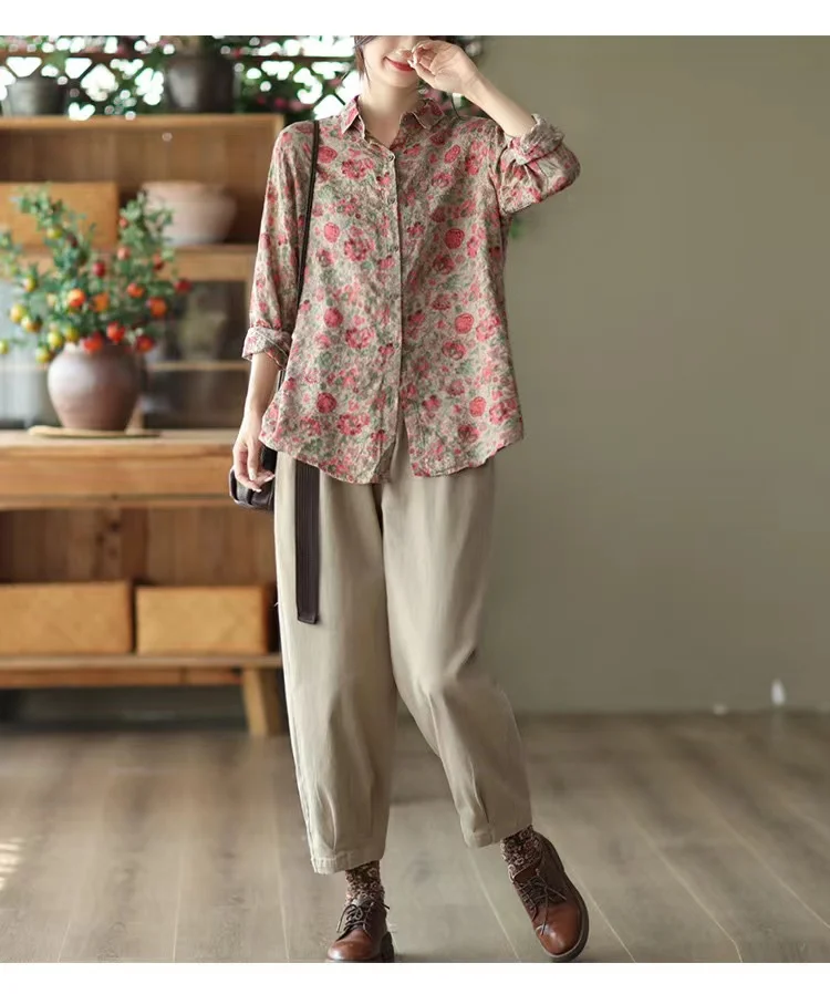 الملابس النسائية قمصان بلوزة بلايز خمر Blusa Mujer الأزهار القطن الكتان طباعة طويلة الأكمام زهرة قمصان المرأة قميص عادية
