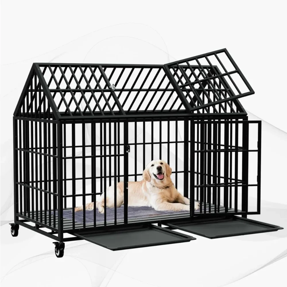 54/48 Inch Dog Crate Large Dogs Cage Strong Metal Dogs Kennels and Crates for Large Dogs Top Open with Wheels 2 Removable Trays