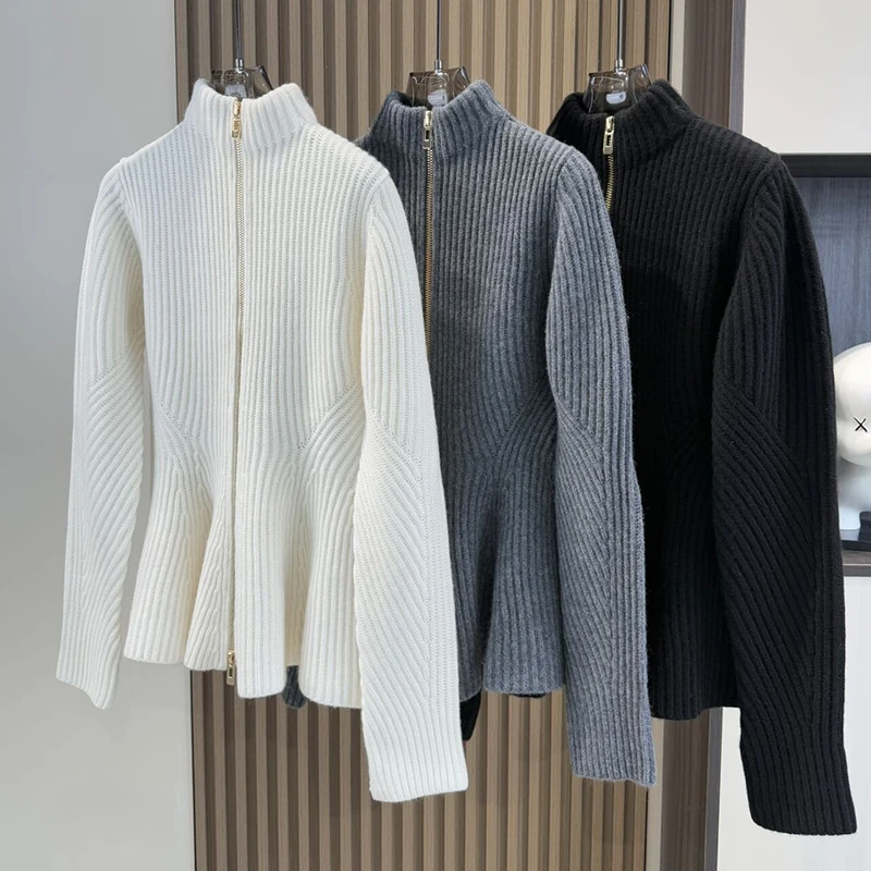 Women's half-neck zipper knitted cardigan with a fitted waist and ruffled hem, a slim daytime sweater-style coat