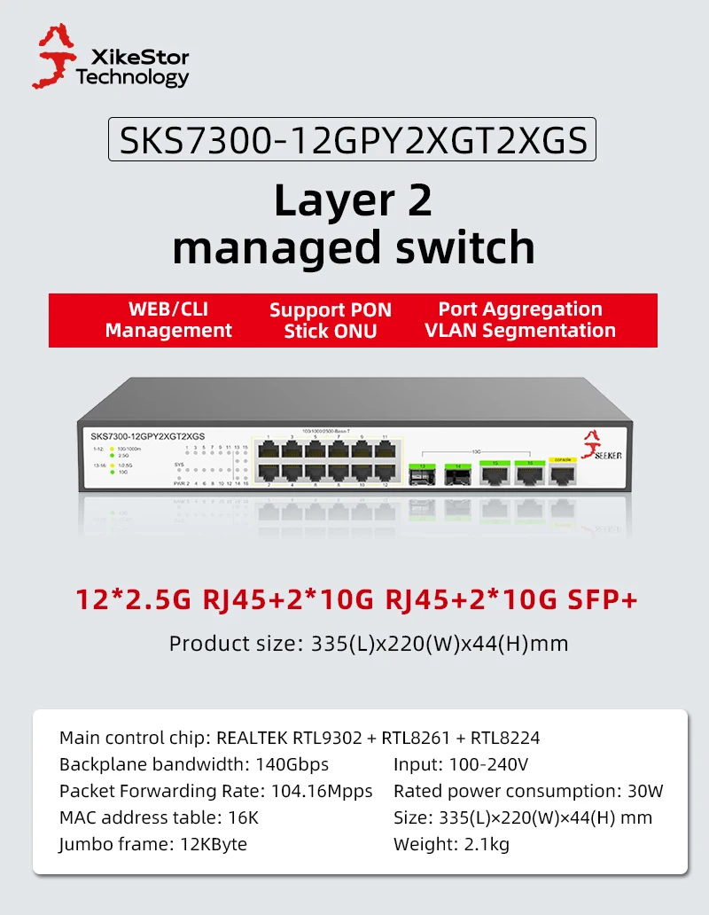 XikeStor 2.5G 10G L2 Managed Switch 12-Port 2.5G RJ45 2-Port 10G RJ45 2-Port 10G SFP+ CLI/WEB Managed Ethernet Switch With Fan