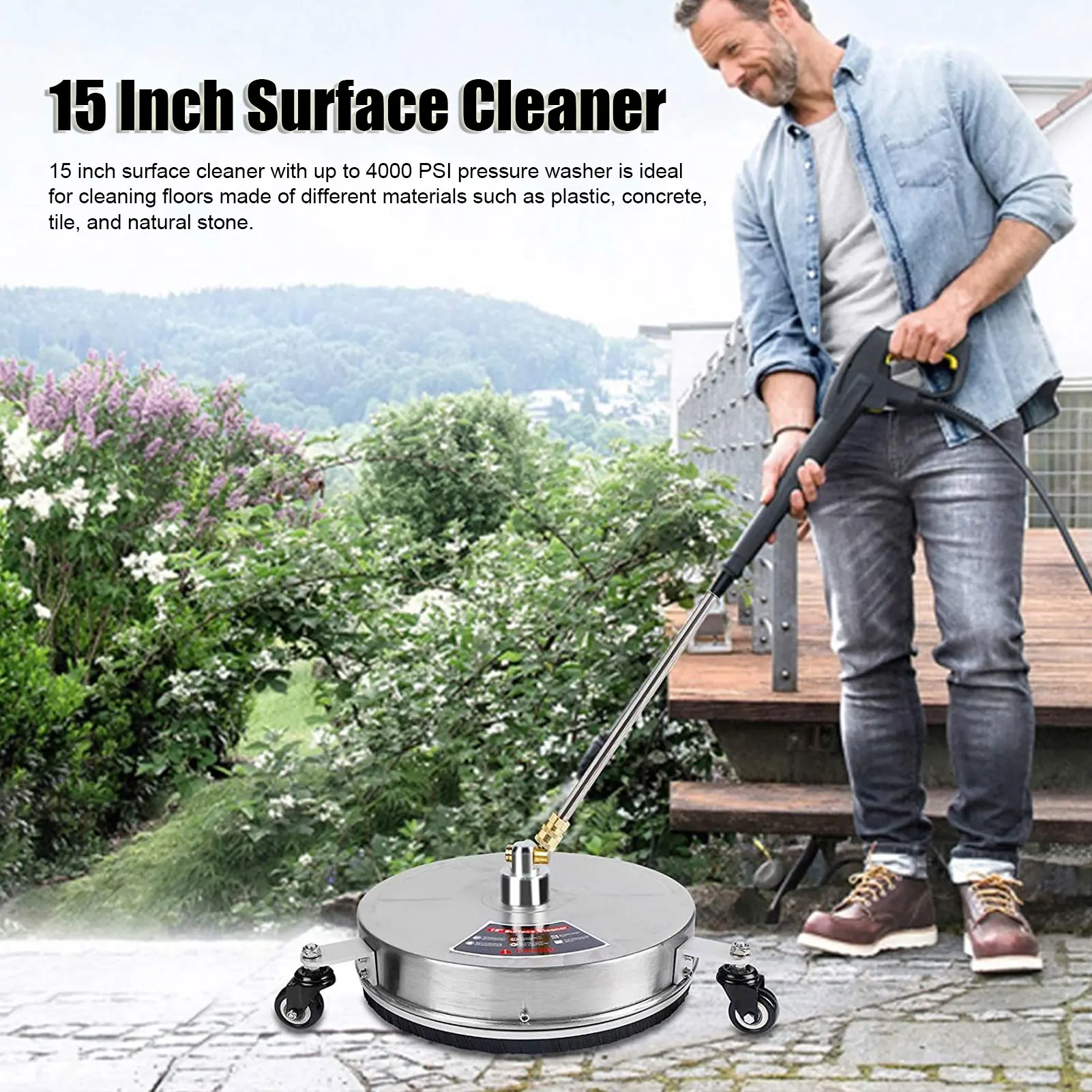 

15 Inch Pressure Washer Surface Cleaner Professional 4000PSI Surface Cleaner with 4 Wheels 1/4inch Quick Connector