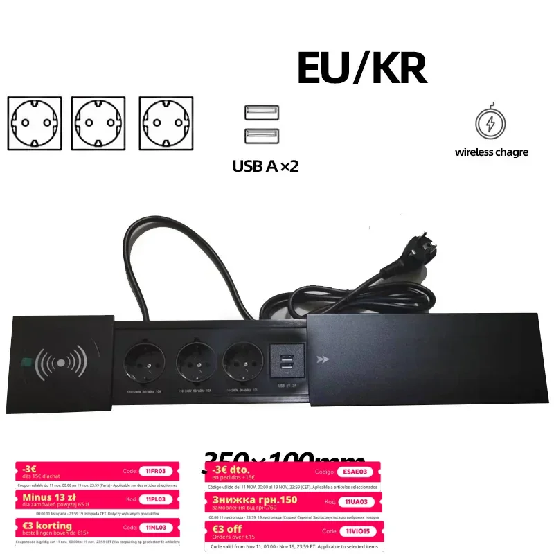 Soquete oculto de mesa incorporado 2 3 tomadas com 2 usb rj45 cat6 carga sem fio ue kr multi plug 10a 110 ~ 250v 2600w tomada preta