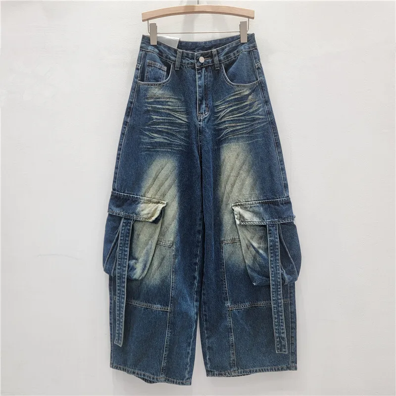 WTHT جديد عصري المرأة تفعل القديمة غسل جيوب كبيرة البضائع الجينز 2025 الشتاء موضة عالية الخصر واسعة الساق الدنيم السراويل الإناث 1LS2679