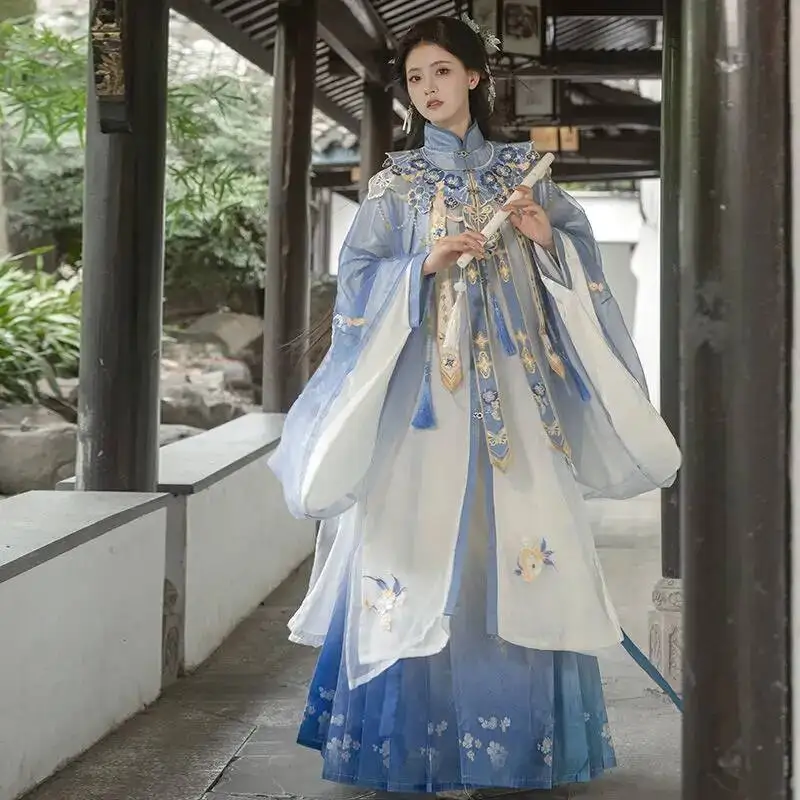 สองเดือน [หลานจินหลัว] ใหม่ฮั่นฝูผู้หญิงราชวงศ์หมิงสไตล์มามีียนกระโปรงปักหนักคลาวด์ไหล่เสื้อคอปกสำหรับ