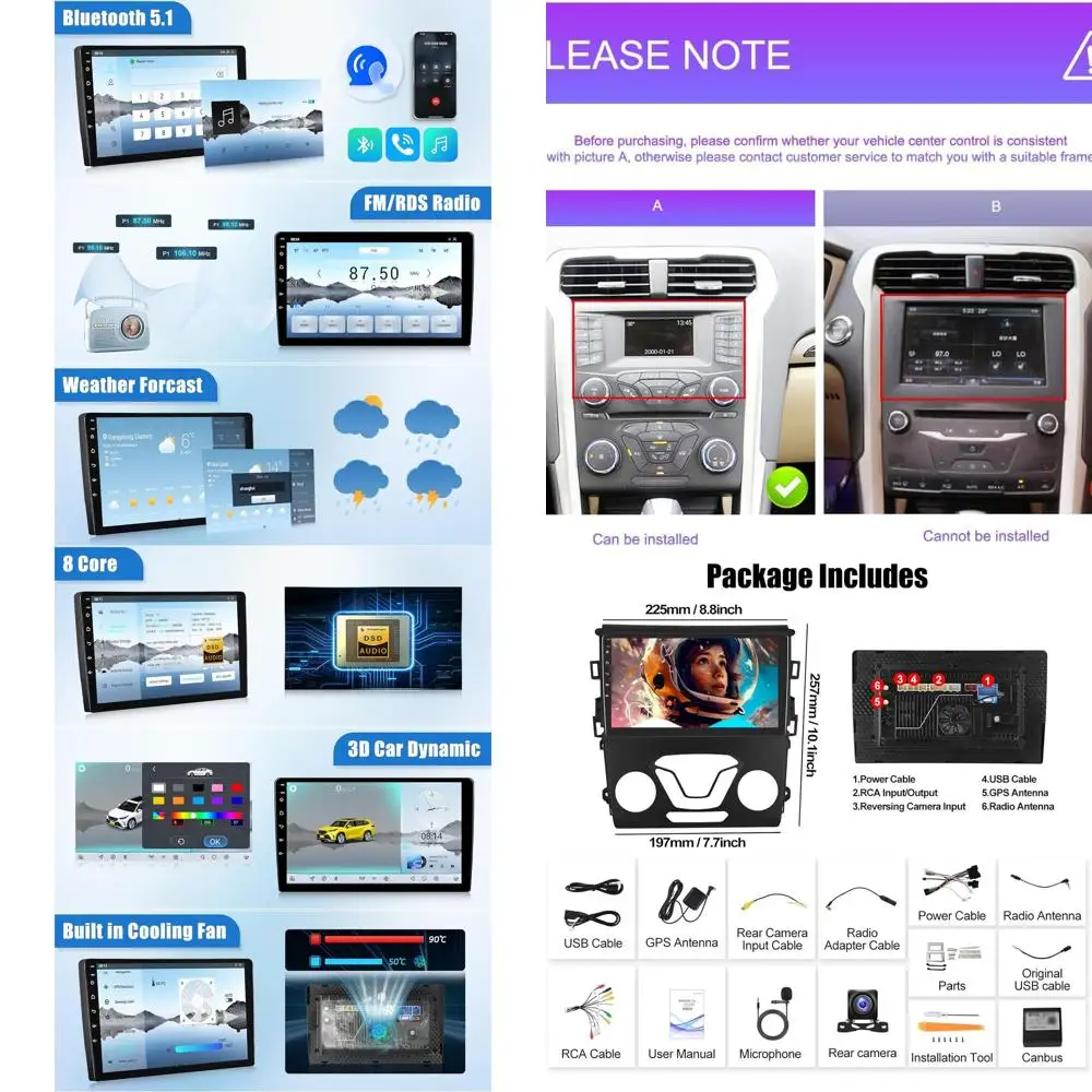 

8-ядерная автомобильная стереосистема Qualcomm Android для Ford Fusion Mondeo 2013-2019 9-дюймовый сенсорный экран с CarPlay Android Auto 4G + 64G Bluetoo